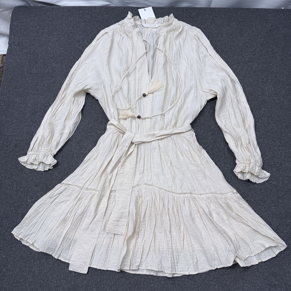 ZARA Women Boho Mini Dress Cottagecore Tie Waist Ruffle Cream S